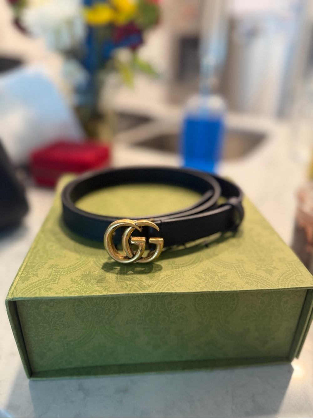 Gucci GG Marmont Thin Belt Black Leather Double G Size 80/32